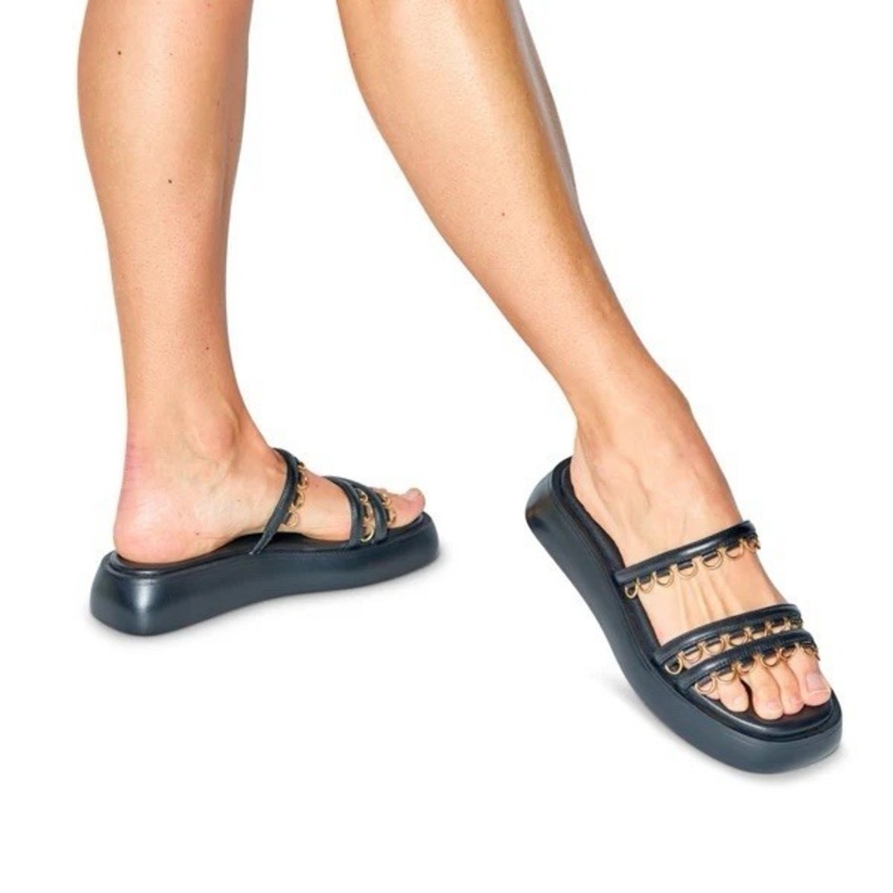 Free People Midas Touch Slides Sandals Black Leather Chunky‎ Studded Sz 11 - Picture 2 of 7